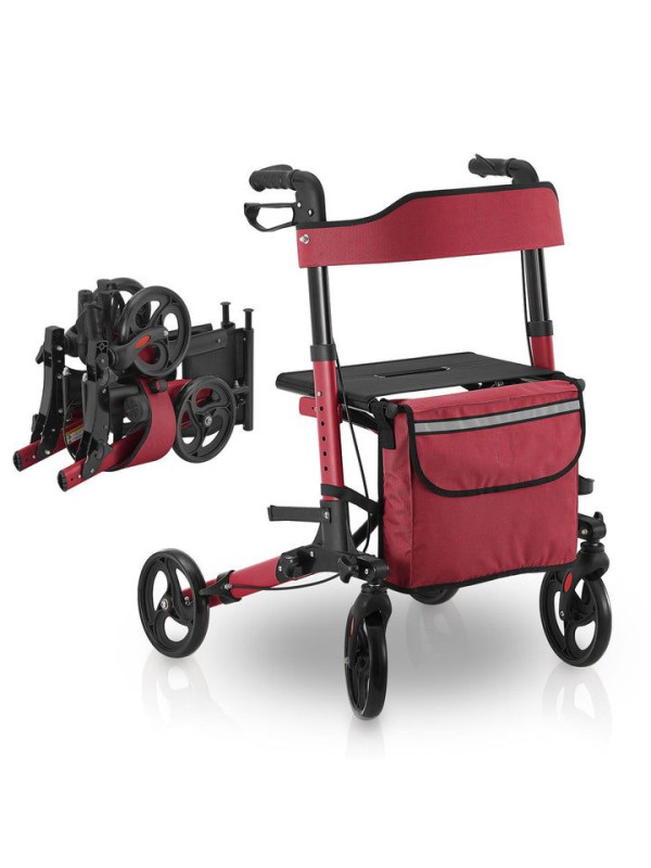 Ľahký hliníkový chodítko s taškou a sedadlom, červené