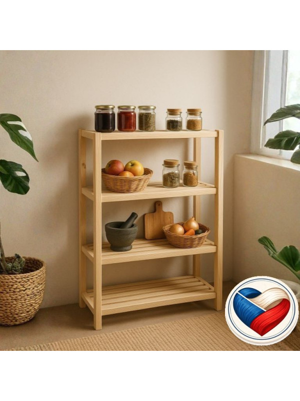Drevený regál z borovice, 4 police, 133 x 80 x 33 cm, české