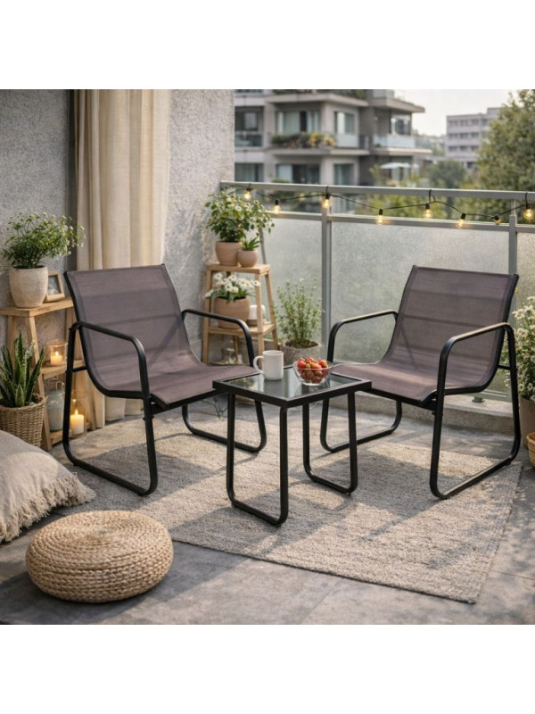 Záhradný relaxačný set stôl a 2 kreslá, oceľ, šedá