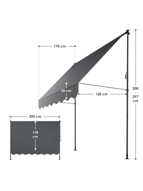 Balkónová markíza 250x120 cm, sivá, výškovo nastaviteľná