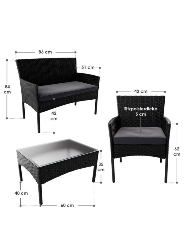 Záhradný set pre 4 osoby, kreslá a stôl, čierny ratan