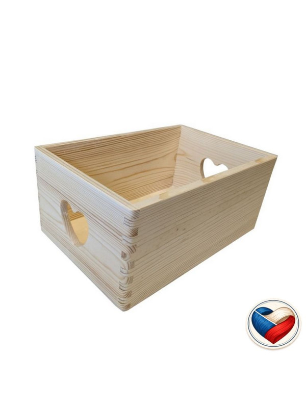 Drevená úložná krabica SRDCE s úchytmi 30×20×13 cm, česká
