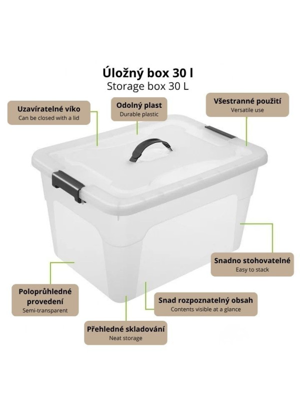 Sada 4 úložných boxov s viečkami, 30 l, plast, priehľadné