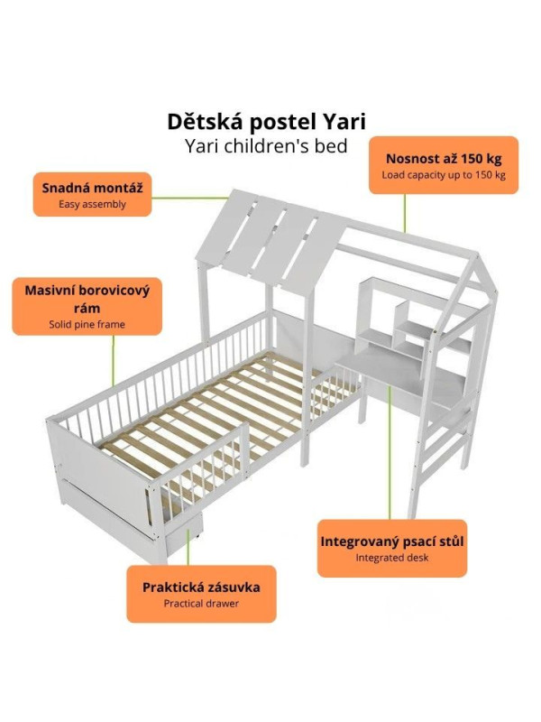 Biela detská posteľ domček s úložným priestorom a stolom