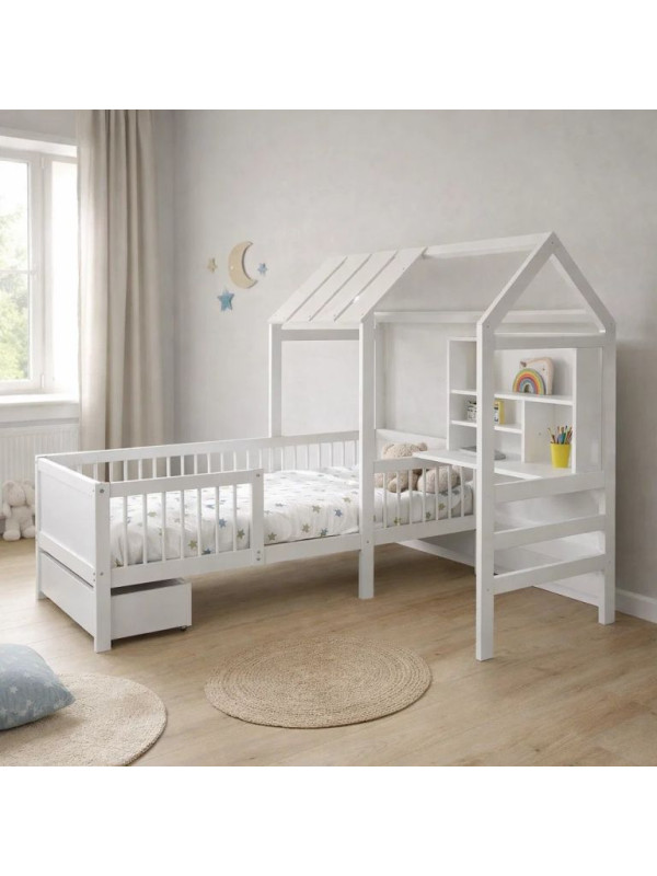 Biela detská posteľ domček s úložným priestorom a stolom