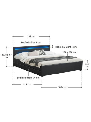 Posteľ 180x200 čierna s LED a úložnými šuplíkmi