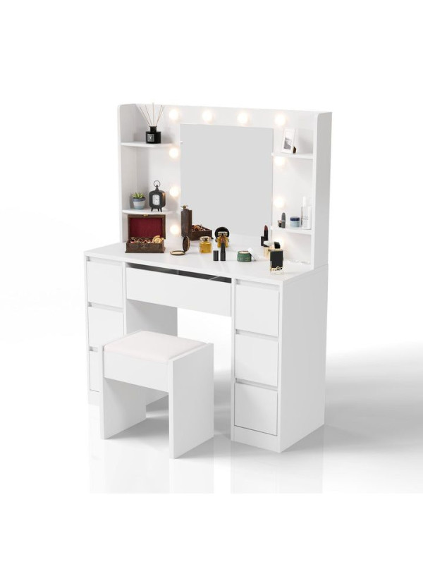 Kozmetický stolík s LED zrkadlom a taburetom, biely