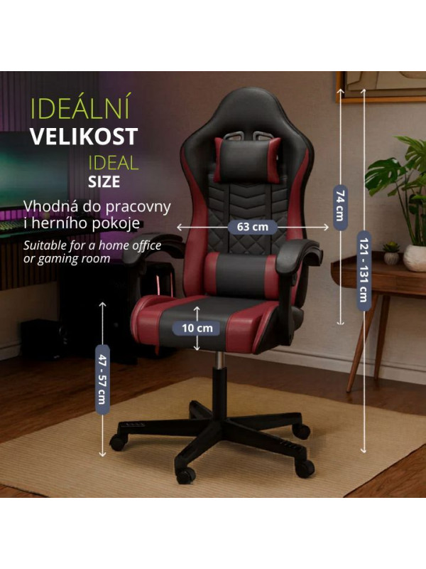 Ergonomická herná stolička, čierna/červená, vankúšiky,