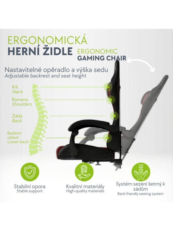 Ergonomická herná stolička, čierna/červená, vankúšiky,