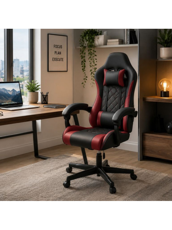 Ergonomická herná stolička, čierna/červená, vankúšiky,