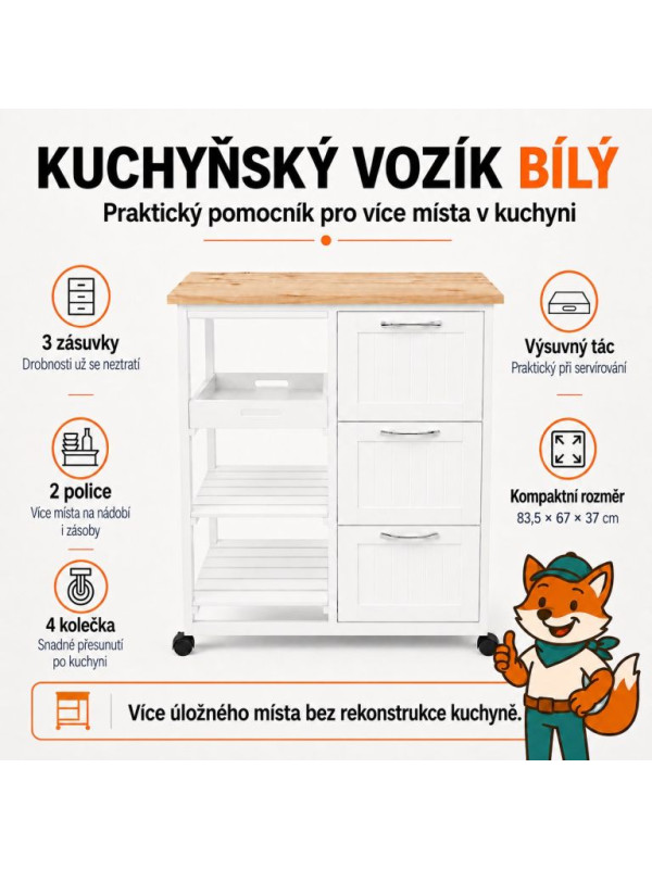 Kuchynský vozík na kolieskach so zásuvkami, biely