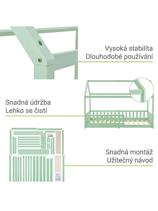 Domčeková posteľ 90x200 cm s bočnicou a roštom, zelená