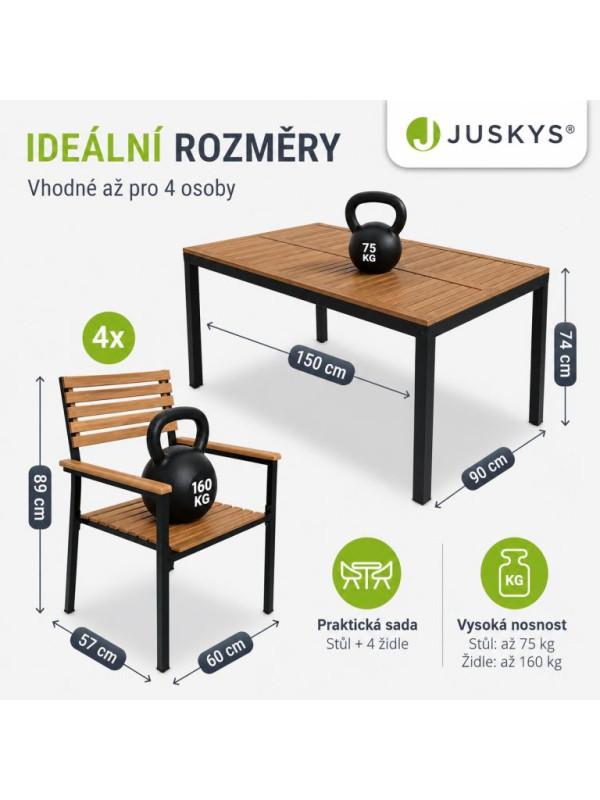 Záhradná súprava z akácie pre 4 osoby, čierny kov, čalúnenie