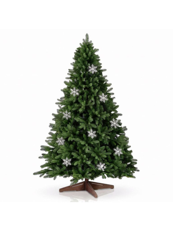 Umelý vianočný stromček 220cm s vločkami a dreveným stojanom