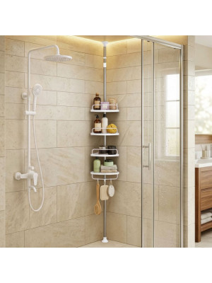Nastaviteľná sprchová polica biela, 4 priehradky, 95–300 cm