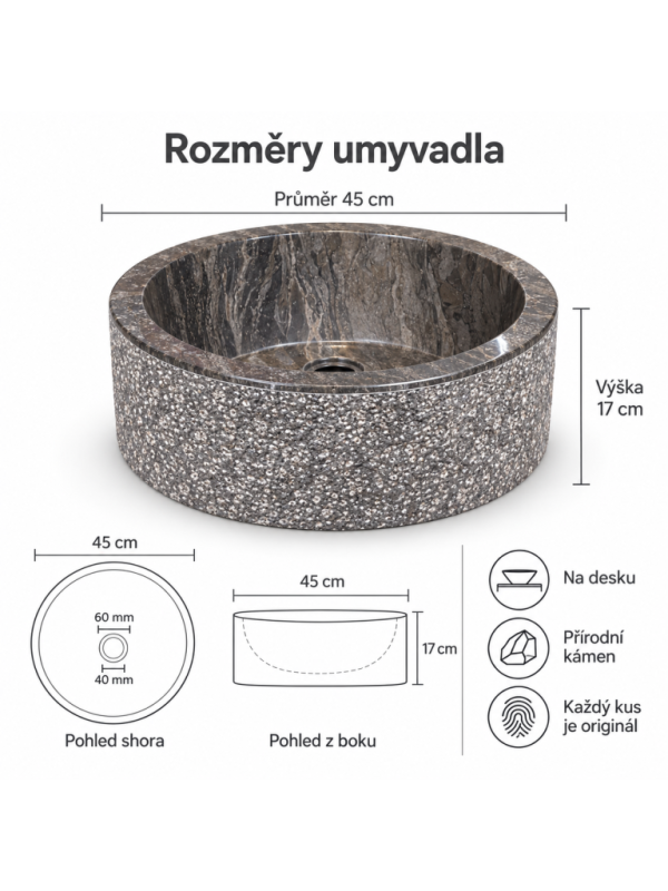 Umývadlo z prírodného kameňa MIRUM 509 Ø 45 cm Black