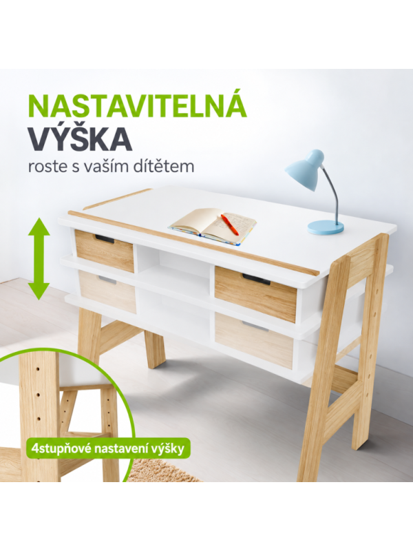 Detský rastúci stôl s úložným priestorom, biely