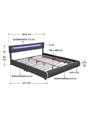 Moderná čalúnená posteľ 180x200 cm s LED pásikom, tmavosivá